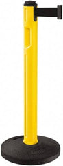 Lavi Industries - 38-1/4" High, 3-1/4" Pole Diam, Stanchion - 16" Base Diam, Dome Recycled Rubber Base, Yellow Plastic Post, 12' x 2" Tape, Single Line Tape, For Outdoor Use - Americas Industrial Supply