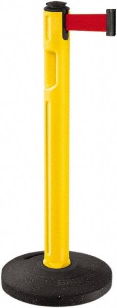 Lavi Industries - 38-1/4" High, 3-1/4" Pole Diam, Stanchion - 16" Base Diam, Dome Recycled Rubber Base, Yellow Plastic Post, 12' x 2" Tape, Single Line Tape, For Outdoor Use - Americas Industrial Supply