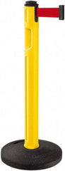 Lavi Industries - 38-1/4" High, 3-1/4" Pole Diam, Stanchion - 16" Base Diam, Dome Recycled Rubber Base, Yellow Plastic Post, 12' x 2" Tape, Single Line Tape, For Outdoor Use - Americas Industrial Supply