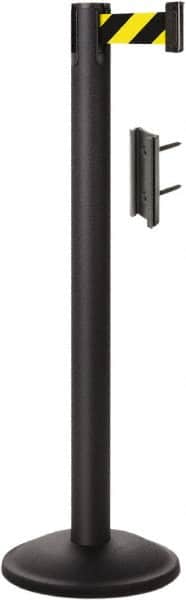 Lavi Industries - 38-1/2" High, 2-3/4" Pole Diam, Stanchion - 12-1/2" Base Diam, Round Steel Base, Black Steel Post, 7' x 2" Tape, Single Line Tape - Americas Industrial Supply