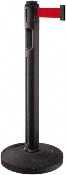 Lavi Industries - 38-1/4" High, 3-1/4" Pole Diam, Stanchion - 16" Base Diam, Dome Recycled Rubber Base, Black Plastic Post, 12' x 2" Tape, Single Line Tape, For Outdoor Use - Americas Industrial Supply