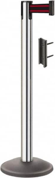 Lavi Industries - 38-1/2" High, 2-3/4" Pole Diam, Stanchion - 12-1/2" Base Diam, Round Steel Base, Polished Chrome (Color) Steel Post, 7' x 2" Tape, Single Line Tape - Americas Industrial Supply