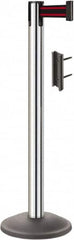 Lavi Industries - 38-1/2" High, 2-3/4" Pole Diam, Stanchion - 12-1/2" Base Diam, Round Steel Base, Polished Chrome (Color) Steel Post, 7' x 2" Tape, Single Line Tape - Americas Industrial Supply