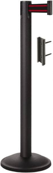 Lavi Industries - 38-1/2" High, 2-3/4" Pole Diam, Stanchion - 12-1/2" Base Diam, Round Steel Base, Black Steel Post, 7' x 2" Tape, Single Line Tape - Americas Industrial Supply