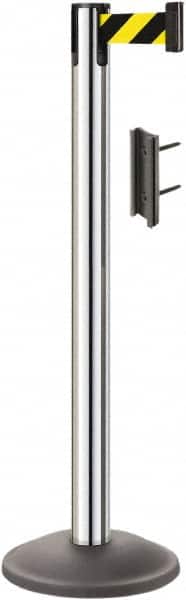 Lavi Industries - 38-1/2" High, 2-3/4" Pole Diam, Stanchion - 12-1/2" Base Diam, Round Steel Base, Polished Chrome (Color) Steel Post, 7' x 2" Tape, Single Line Tape - Americas Industrial Supply