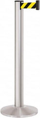 Lavi Industries - 40" High, 2-3/4" Pole Diam, Stanchion - 14" Base Diam, Dome Cast Iron Base, Satin Chrome (Color) Aluminum Post, 13' x 2" Tape, Single Line Tape - Americas Industrial Supply