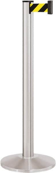Lavi Industries - 40" High, 2-3/4" Pole Diam, Stanchion - 14" Base Diam, Dome Cast Iron Base, Satin Chrome (Color) Aluminum Post, 7' x 2" Tape, Single Line Tape - Americas Industrial Supply