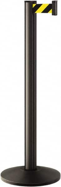 Lavi Industries - 40" High, 2-3/4" Pole Diam, Stanchion - 14" Base Diam, Dome Cast Iron Base, Black Aluminum Post, 7' x 2" Tape, Single Line Tape - Americas Industrial Supply