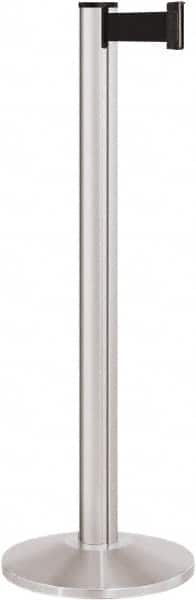 Lavi Industries - 40" High, 2-3/4" Pole Diam, Stanchion - 14" Base Diam, Dome Cast Iron Base, Satin Chrome (Color) Aluminum Post, 7' x 2" Tape, Single Line Tape - Americas Industrial Supply