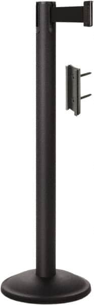 Lavi Industries - 38-1/2" High, 2-3/4" Pole Diam, Stanchion - 12-1/2" Base Diam, Round Steel Base, Black Steel Post, 7' x 2" Tape, Single Line Tape - Americas Industrial Supply