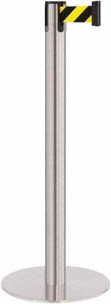 Lavi Industries - 40" High, 2-3/4" Pole Diam, Stanchion - 14-1/2" Base Diam, Flat Cast Iron Base, Satin Chrome (Color) Steel Post, 7' x 2" Tape, Single Line Tape - Americas Industrial Supply