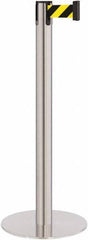 Lavi Industries - 40" High, 2-3/4" Pole Diam, Stanchion - 14-1/2" Base Diam, Flat Cast Iron Base, Satin Chrome (Color) Steel Post, 7' x 2" Tape, Single Line Tape - Americas Industrial Supply