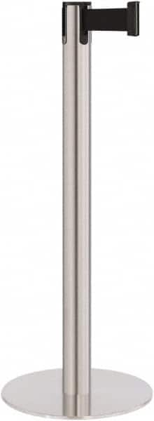 Lavi Industries - 40" High, 2-3/4" Pole Diam, Stanchion - 14-1/2" Base Diam, Flat Cast Iron Base, Satin Chrome (Color) Steel Post, 7' x 2" Tape, Single Line Tape - Americas Industrial Supply