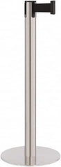 Lavi Industries - 40" High, 2-3/4" Pole Diam, Stanchion - 14-1/2" Base Diam, Flat Cast Iron Base, Satin Chrome (Color) Steel Post, 7' x 2" Tape, Single Line Tape - Americas Industrial Supply
