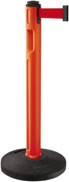 Lavi Industries - 38-1/4" High, 3-1/4" Pole Diam, Stanchion - 16" Base Diam, Dome Recycled Rubber Base, Orange Plastic Post, 12' x 2" Tape, Single Line Tape, For Outdoor Use - Americas Industrial Supply