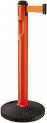 Lavi Industries - 38-1/4" High, 3-1/4" Pole Diam, Stanchion - 16" Base Diam, Dome Recycled Rubber Base, Orange Plastic Post, 12' x 2" Tape, Single Line Tape, For Outdoor Use - Americas Industrial Supply