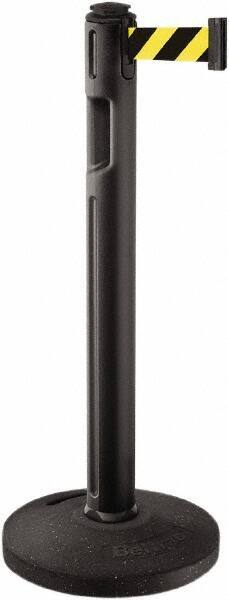 Lavi Industries - 38-1/4" High, 3-1/4" Pole Diam, Stanchion - 16" Base Diam, Dome Recycled Rubber Base, Black Plastic Post, 12' x 2" Tape, Single Line Tape, For Outdoor Use - Americas Industrial Supply