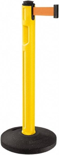 Lavi Industries - 38-1/4" High, 3-1/4" Pole Diam, Stanchion - 16" Base Diam, Dome Recycled Rubber Base, Yellow Plastic Post, 12' x 2" Tape, Single Line Tape, For Outdoor Use - Americas Industrial Supply