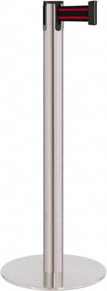 Lavi Industries - 40" High, 2-3/4" Pole Diam, Stanchion - 14-1/2" Base Diam, Flat Cast Iron Base, Satin Chrome (Color) Steel Post, 7' x 2" Tape, Single Line Tape - Americas Industrial Supply
