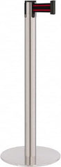 Lavi Industries - 40" High, 2-3/4" Pole Diam, Stanchion - 14-1/2" Base Diam, Flat Cast Iron Base, Satin Chrome (Color) Steel Post, 7' x 2" Tape, Single Line Tape - Americas Industrial Supply