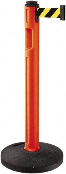 Lavi Industries - 38-1/4" High, 3-1/4" Pole Diam, Stanchion - 16" Base Diam, Dome Recycled Rubber Base, Orange Plastic Post, 12' x 2" Tape, Single Line Tape, For Outdoor Use - Americas Industrial Supply