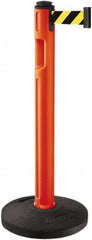 Lavi Industries - 38-1/4" High, 3-1/4" Pole Diam, Stanchion - 16" Base Diam, Dome Recycled Rubber Base, Orange Plastic Post, 12' x 2" Tape, Single Line Tape, For Outdoor Use - Americas Industrial Supply