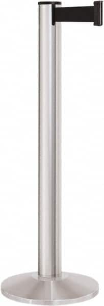 Lavi Industries - 40" High, 2-3/4" Pole Diam, Stanchion - 14" Base Diam, Dome Cast Iron Base, Satin Chrome (Color) Aluminum Post, 13' x 2" Tape, Single Line Tape - Americas Industrial Supply