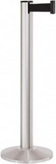 Lavi Industries - 40" High, 2-3/4" Pole Diam, Stanchion - 14" Base Diam, Dome Cast Iron Base, Satin Chrome (Color) Aluminum Post, 13' x 2" Tape, Single Line Tape - Americas Industrial Supply