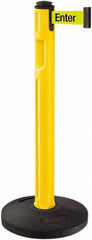 Lavi Industries - 38-1/4" High, 3-1/4" Pole Diam, Stanchion - 16" Base Diam, Dome Recycled Rubber Base, Yellow Plastic Post, 12' x 2" Tape, Single Line Tape, For Outdoor Use - Americas Industrial Supply