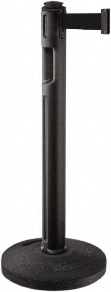 Lavi Industries - 38-1/4" High, 3-1/4" Pole Diam, Stanchion - 16" Base Diam, Dome Recycled Rubber Base, Black Plastic Post, 12' x 2" Tape, Single Line Tape, For Outdoor Use - Americas Industrial Supply