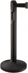 Lavi Industries - 38-1/4" High, 3-1/4" Pole Diam, Stanchion - 16" Base Diam, Dome Recycled Rubber Base, Black Plastic Post, 12' x 2" Tape, Single Line Tape, For Outdoor Use - Americas Industrial Supply