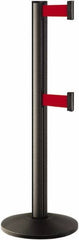 Lavi Industries - 40" High, 2-3/4" Pole Diam, Stanchion - 14" Base Diam, Dome Cast Iron Base, Black Aluminum Post, 7' x 2" Tape, Single Line Tape - Americas Industrial Supply