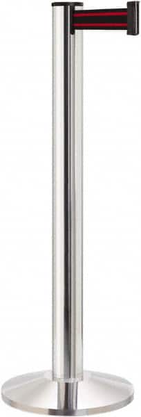 Lavi Industries - 40" High, 2-3/4" Pole Diam, Stanchion - 14" Base Diam, Dome Cast Iron Base, Polished Chrome (Color) Aluminum Post, 13' x 2" Tape, Single Line Tape - Americas Industrial Supply