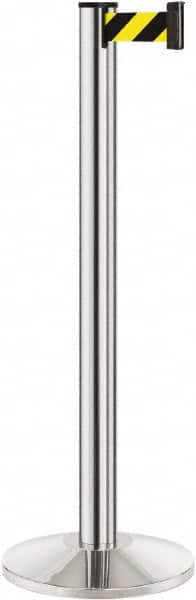 Lavi Industries - 40" High, 2-3/4" Pole Diam, Stanchion - 14" Base Diam, Dome Cast Iron Base, Polished Chrome (Color) Aluminum Post, 7' x 2" Tape, Single Line Tape - Americas Industrial Supply