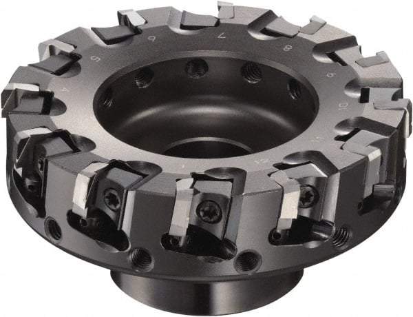 Sumitomo - 100mm Cut Diam, 1/2" Arbor Hole, 50mm Max Depth of Cut, 90° Indexable Chamfer & Angle Face Mill - 12 Inserts, NF-LDEN Insert, Right Hand Cut, 12 Flutes, Through Coolant, Series HF - Americas Industrial Supply