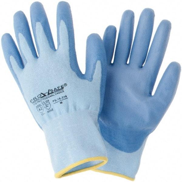 PRO-SAFE - Size M (8), ANSI Cut Lvl 2, Polyurethane Coated HPPE Fiber Cut Resistant Gloves - Palm & Fingers Coated, Continuous Knit Cuff, Blue, Paired - Americas Industrial Supply