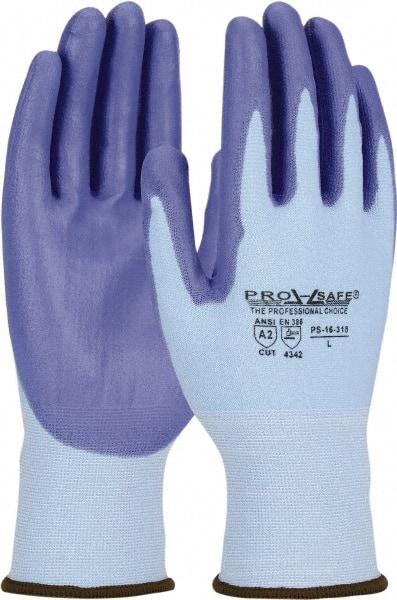 PRO-SAFE - Size S (7), ANSI Cut Lvl 2, Polyurethane Coated HPPE Fiber Cut Resistant Gloves - Palm & Fingers Coated, Continuous Knit Cuff, Blue, Paired - Americas Industrial Supply