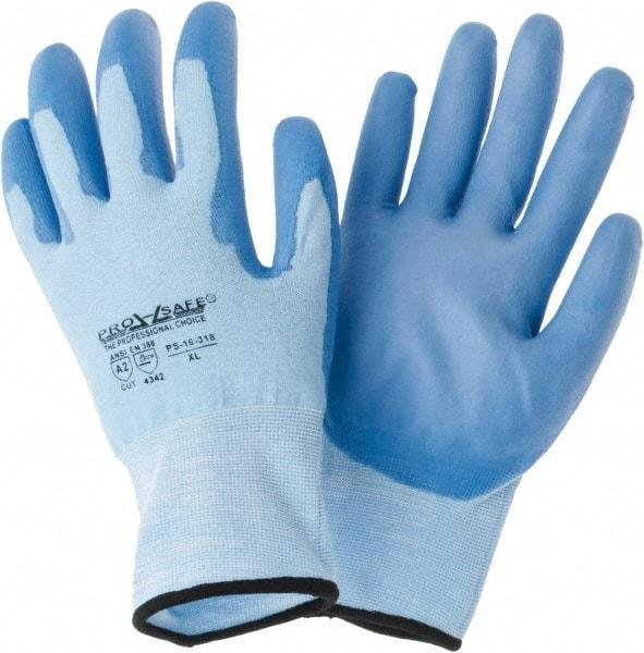 PRO-SAFE - Size XL (10), ANSI Cut Lvl 2, Polyurethane Coated HPPE Fiber Cut Resistant Gloves - Palm & Fingers Coated, Continuous Knit Cuff, Blue, Paired - Americas Industrial Supply