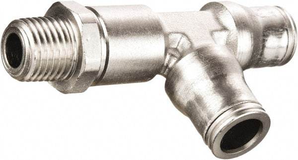 Legris - 10mm Outside Diam, 3/8 BSPT, Nickel Plated Brass Push-to-Connect Tube Male Run Tee - 435 Max psi, Tube to Male BSPT Connection, FKM O-Ring, Conforms to FDA Standards - Americas Industrial Supply
