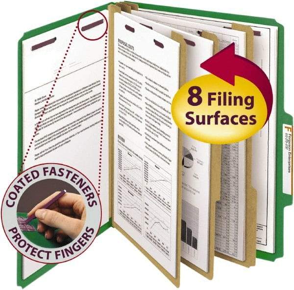 SMEAD - 8-1/2 x 11", Letter Size, Green, Classification Folders with Top Tab Fastener - 23 Point Stock, 2/5 Tab Cut Location - Americas Industrial Supply