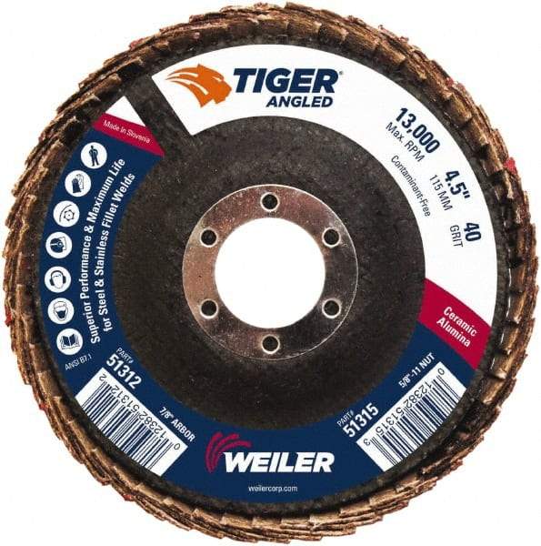 Weiler - 40 Grit, 4-1/2" Disc Diam, 7/8" Center Hole, Type 27 Ceramic Alumina Flap Disc - 13,000 Max RPM, Phenolic Backing, Arbor Attaching System, Coated - Americas Industrial Supply