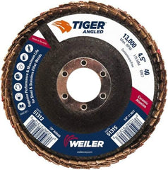 Weiler - 40 Grit, 4-1/2" Disc Diam, 7/8" Center Hole, Type 27 Ceramic Alumina Flap Disc - 13,000 Max RPM, Phenolic Backing, Arbor Attaching System, Coated - Americas Industrial Supply