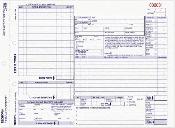 REDIFORM - 50 Sheet, 8-1/2 x 11", Auto Repair Form - White & Blue - Americas Industrial Supply