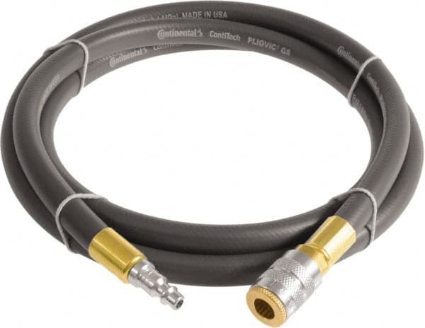Continental ContiTech - 3/4" ID x 1.11" OD 10' Long Multipurpose Air Hose - Industrial Interchange Safety Coupler x Male Plug Ends, 250 Working psi, -10 to 158°F, 3/4" Fitting, Gray - Americas Industrial Supply