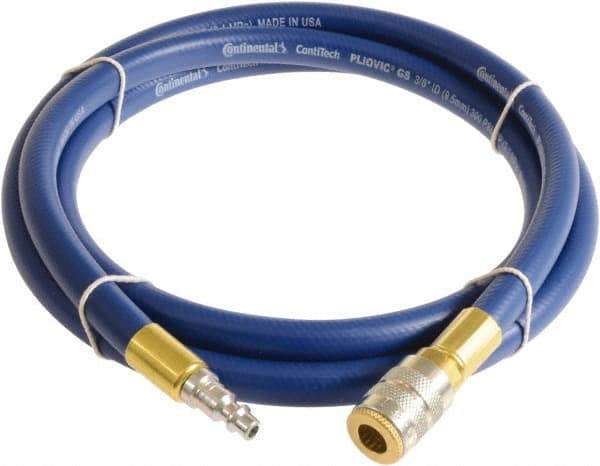 Continental ContiTech - 3/8" ID x 0.6" OD 5' Long Multipurpose Air Hose - Industrial Interchange Safety Coupler x Male Plug Ends, 300 Working psi, -10 to 158°F, 1/4" Fitting, Blue - Americas Industrial Supply