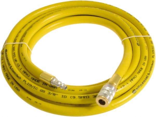 Continental ContiTech - 3/8" ID x 0.6" OD 50' Long Multipurpose Air Hose - Industrial Interchange Safety Coupler x Male Plug Ends, 300 Working psi, -10 to 158°F, 1/4" Fitting, Yellow - Americas Industrial Supply