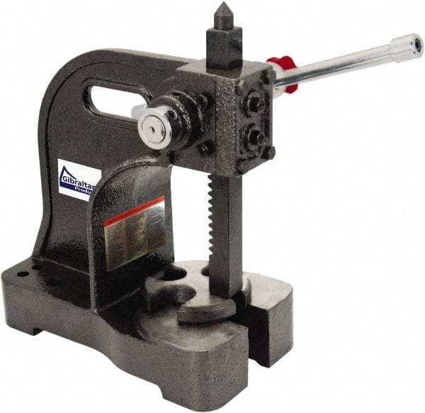 Gibraltar - 1-1/2" Ram, 5-1/4" Throat Depth, 3 Ton Manual Arbor Press - 12-1/2" Max Work Height x 16-1/2" Max Work Width, Single Leverage, 20:1 Leverage Ratio, 8-1/2" Base Width x 10" Base Depth - Americas Industrial Supply