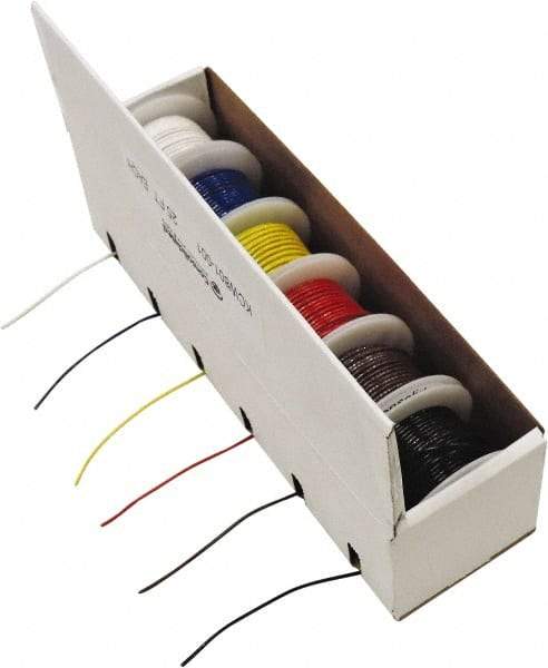 Made in USA - 26 AWG, 1 Strand, 25' OAL, Tinned Copper Hook Up Wire - Black, White, Red, Green, Blue & Yellow PVC Jacket - Americas Industrial Supply