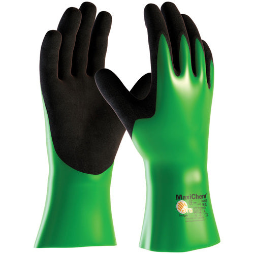 ‎56-630/S Coated Supported Gloves - MaxiChem - Nylon/Lycra Liner - Green/ Black Nitrile Blnd - Full Coat - 12 In. - Exact Industrial Supply