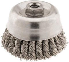 Osborn - 4" Diam, 5/8-11 Threaded Arbor, Stainless Steel Fill Cup Brush - 0.02 Wire Diam, 1-1/4" Trim Length, 6,000 Max RPM - Americas Industrial Supply